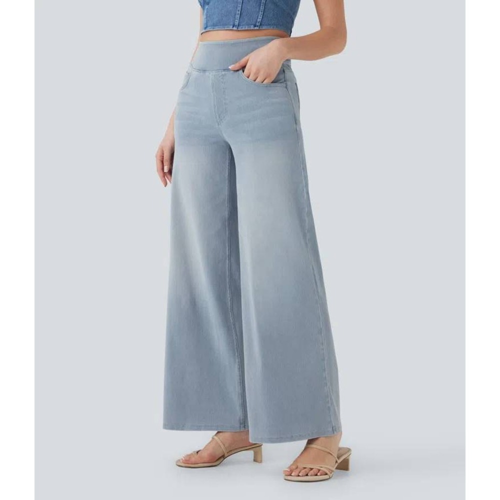 Halara Flex Denim Wide Leg Jeans Blue Ice High Waisted Pull On Medium Petite NWT
